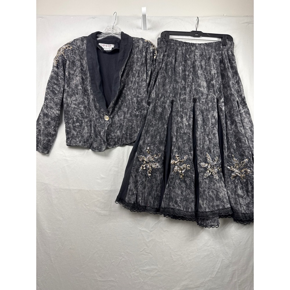 Vintage Tae Ya Midi Skirt Jacket Womens L Grey Acid Wash Sequin Lace Boho Goth